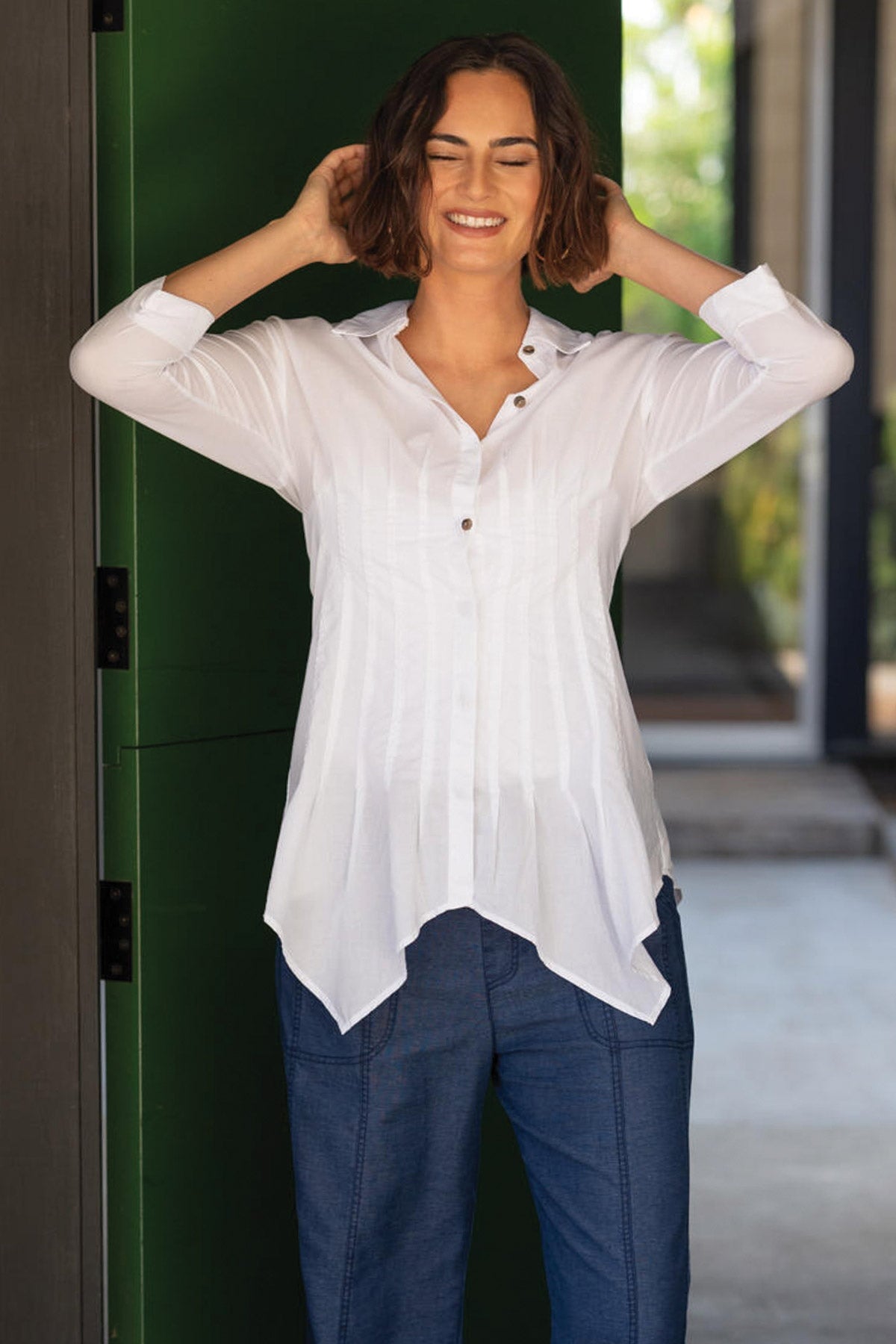 Wearables Ashlan Cotton Voile Pleated Waist Sharkbite Hem Button-Up Blouse White - XCVI