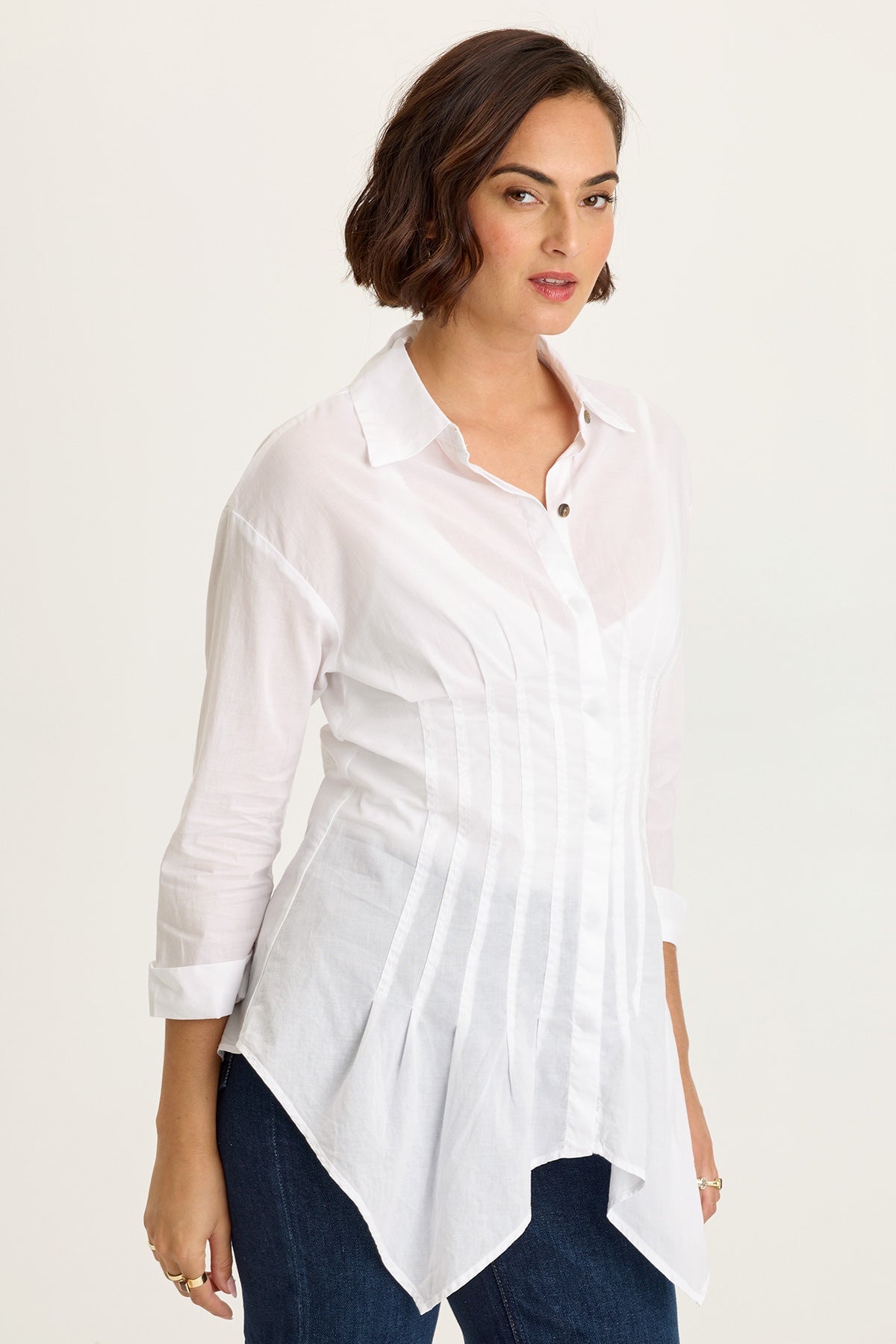 Wearables Ashlan Cotton Voile Pleated Waist Sharkbite Hem Button-Up Blouse White - XCVI