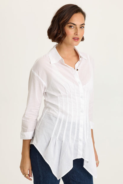 Wearables Ashlan Cotton Voile Pleated Waist Sharkbite Hem Button-Up Blouse White - XCVI