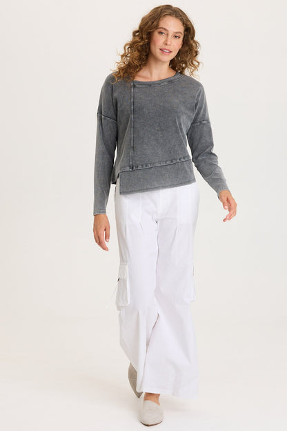 Hadden Asymmetrial Hem and Seams Wide Rib Long Sleeve Top Distress Wash Black - XCVI