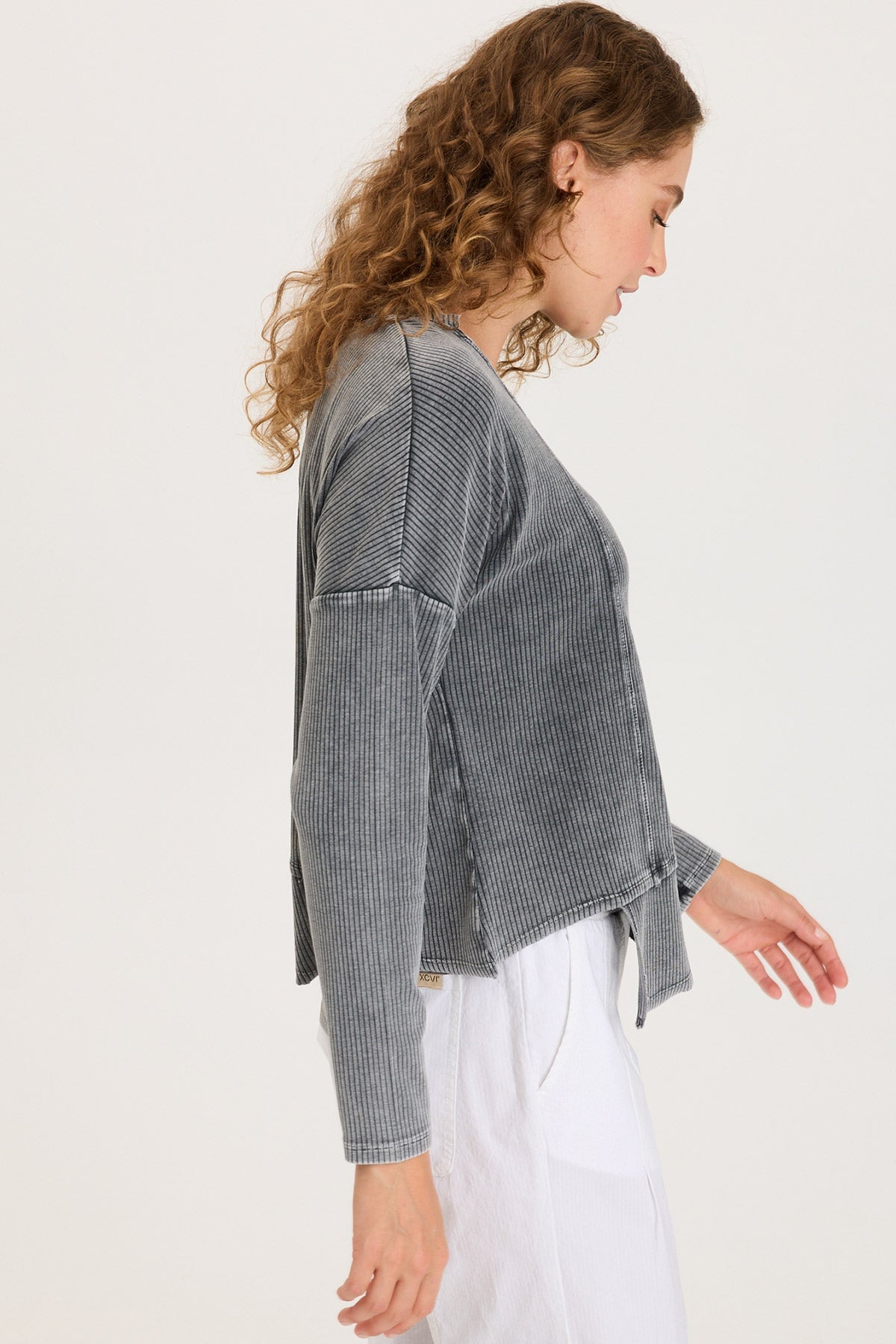 Hadden Asymmetrial Hem and Seams Wide Rib Long Sleeve Top Distress Wash Black - XCVI