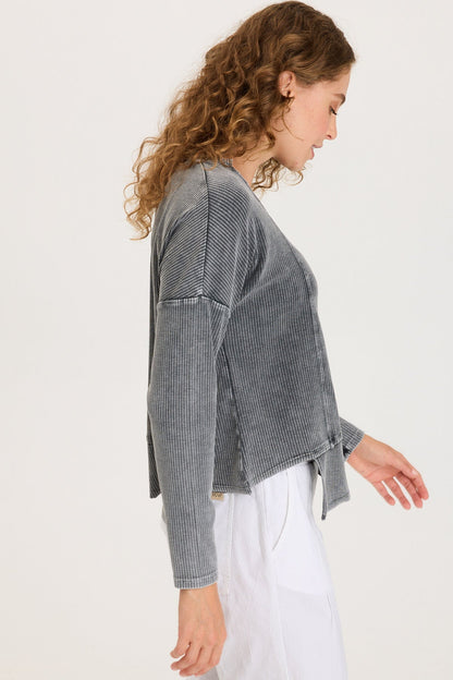 Hadden Asymmetrial Hem and Seams Wide Rib Long Sleeve Top Distress Wash Black - XCVI