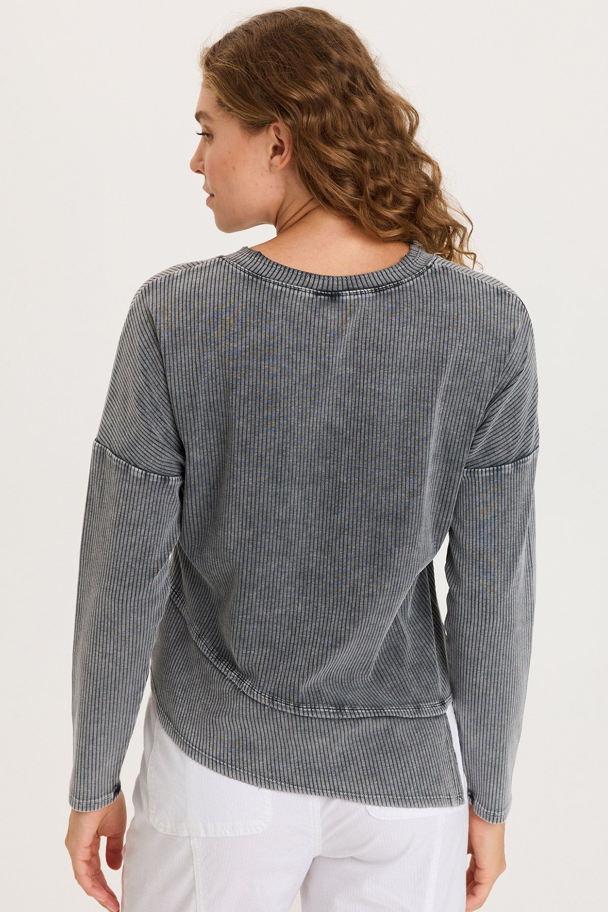 Hadden Asymmetrial Hem and Seams Wide Rib Long Sleeve Top Distress Wash Black - XCVI