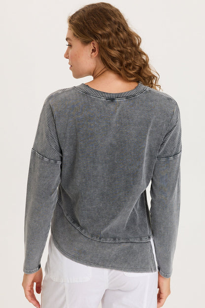 Hadden Asymmetrial Hem and Seams Wide Rib Long Sleeve Top Distress Wash Black - XCVI