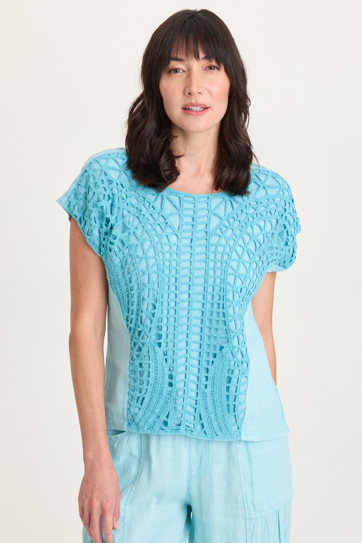 Nashir Crochet-Front Jersey-Back Short-Sleeve Top Mermaid Tail Pigment - XCVI