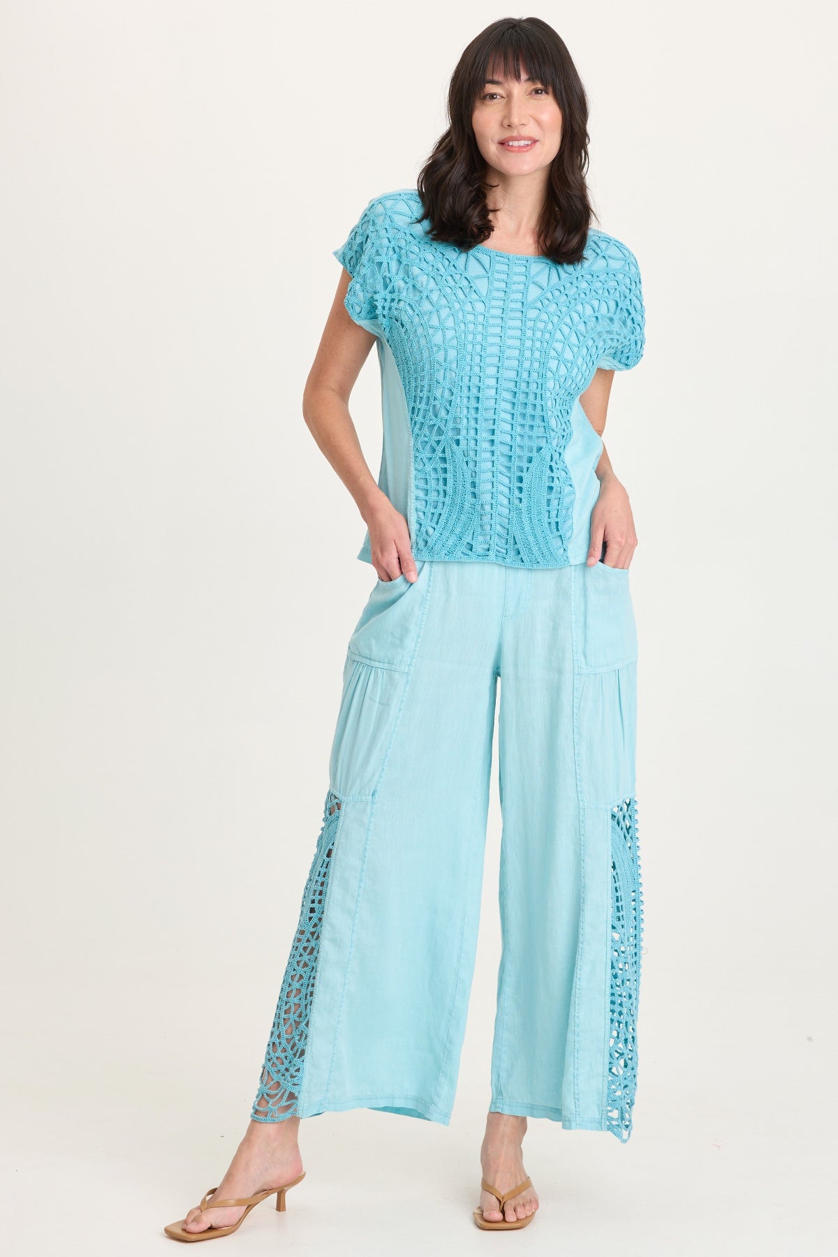 Nashir Crochet-Front Jersey-Back Short-Sleeve Top Mermaid Tail Pigment - XCVI