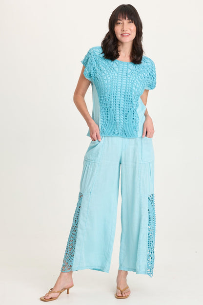 Nashir Crochet-Front Jersey-Back Short-Sleeve Top Mermaid Tail Pigment - XCVI