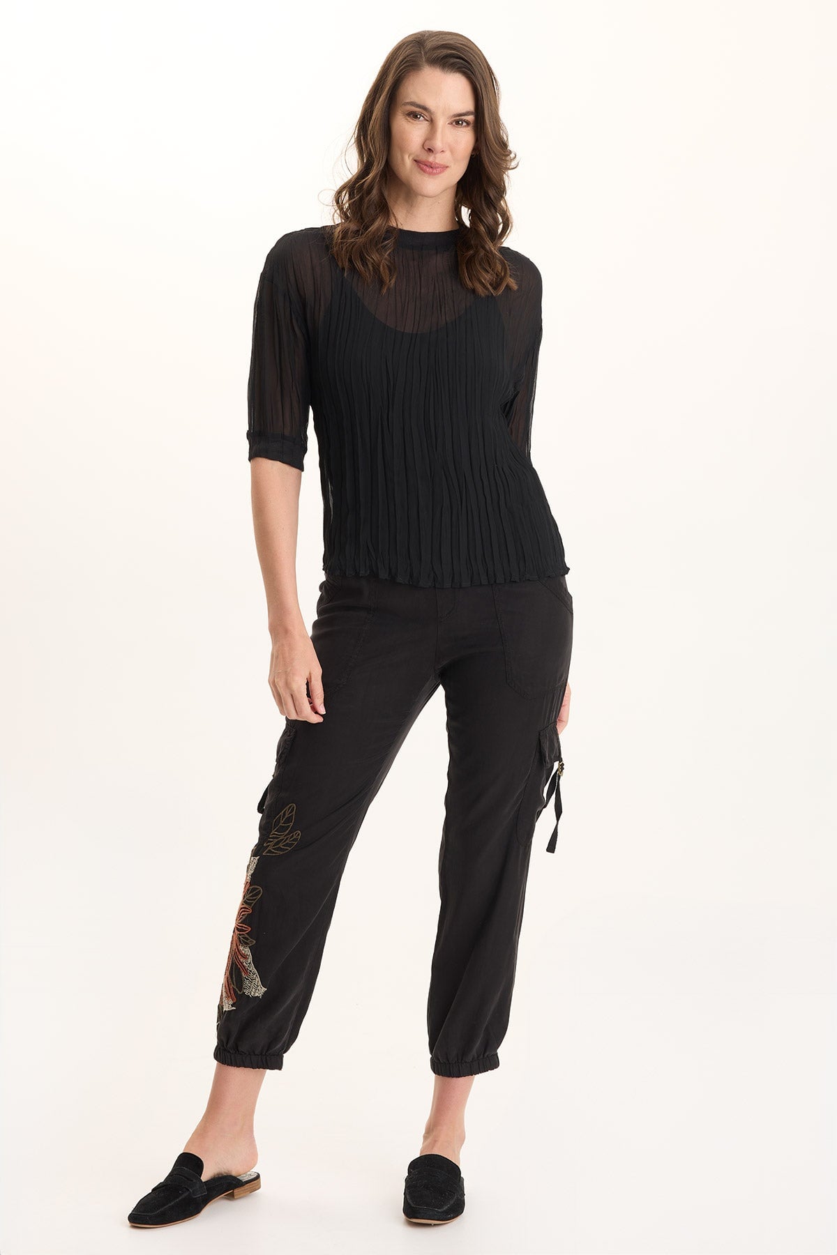 Cason 3/4-Sleeve Micro-Pleat Crinkle Top Black - XCVI