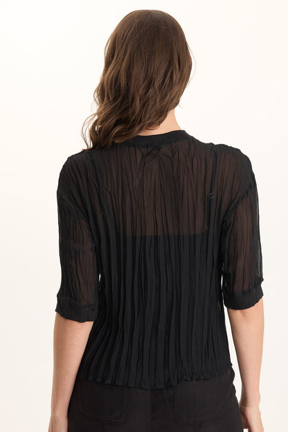 Cason 3/4-Sleeve Micro-Pleat Crinkle Top Black - XCVI