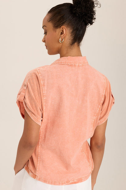 Wearables Abner Linen/Jersey Button-Up Top with dolman short sleeves and distressed pockets in Orange Distress Wash Afterglow - XCVI