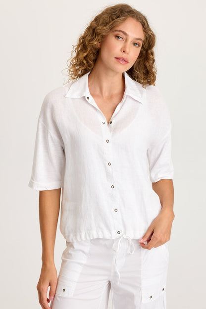 Balto Linen Snap-Up Top with Cinched Hem and Long Short Sleeves White - XCVI