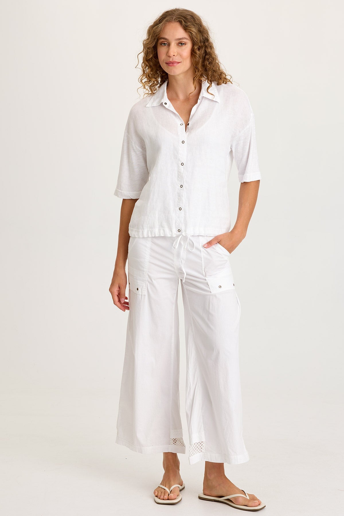 Balto Linen Snap-Up Top with Cinched Hem and Long Short Sleeves White - XCVI