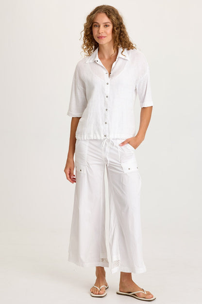 Balto Linen Snap-Up Top with Cinched Hem and Long Short Sleeves White - XCVI