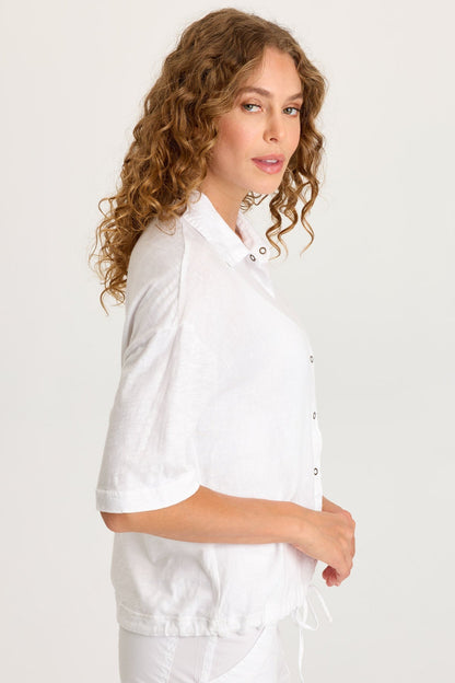 Balto Linen Snap-Up Top with Cinched Hem and Long Short Sleeves White - XCVI