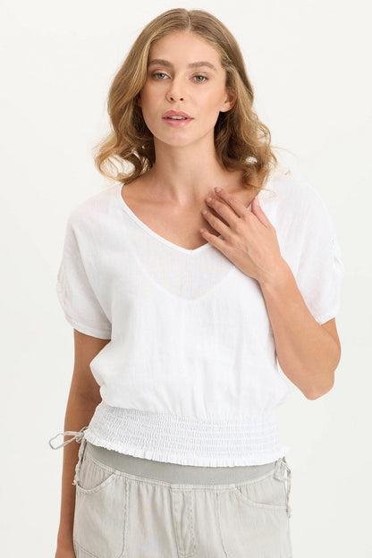 Oko Breathable Light Linen Cinched Hem Top White - XCVI