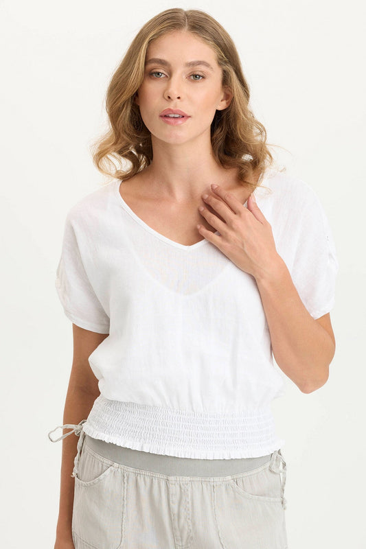 Oko Breathable Light Linen Cinched Hem Top White - XCVI