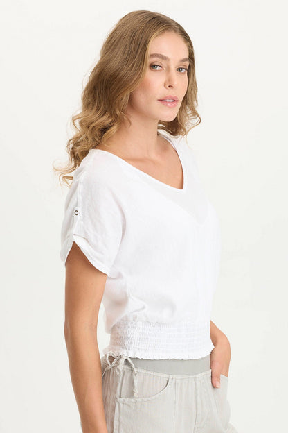 Oko Breathable Light Linen Cinched Hem Top White - XCVI