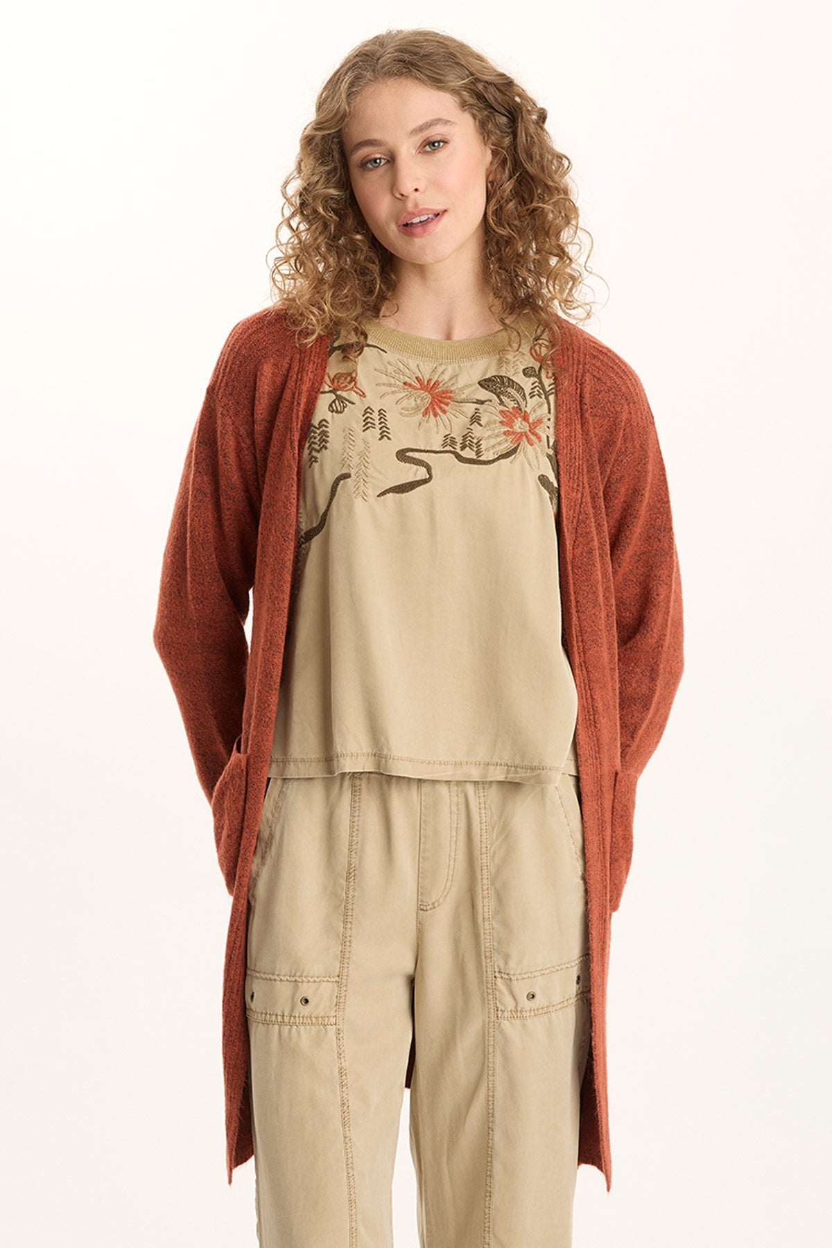 Bayek Open Front Longline Knit Cardigan Sprightly Poppy - XCVI