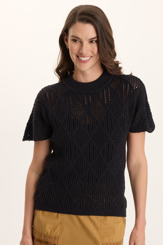 Copeland Cotton Knit Mock Neck Short-Sleeve Top Black - XCVI