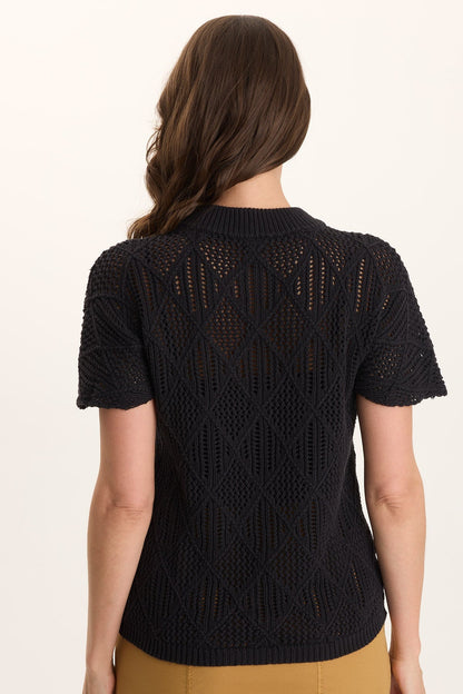 Copeland Cotton Knit Mock Neck Short-Sleeve Top Black - XCVI
