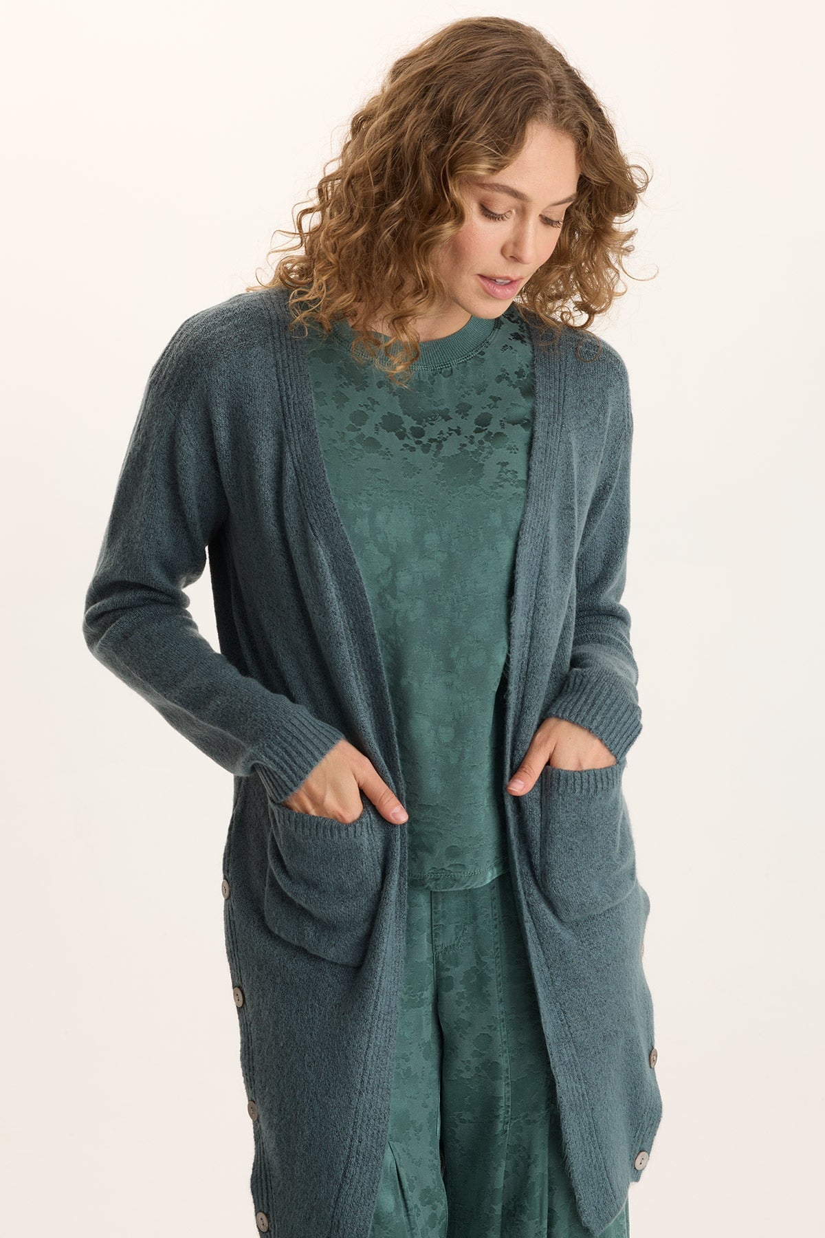 Bayek Open Front Longline Knit Cardigan Blue Oasis - XCVI