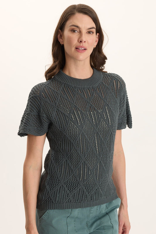 Copeland Cotton Knit Mock Neck Short-Sleeve Top Ocean Storm Pigment - XCVI