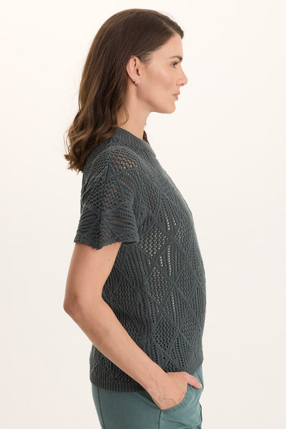 Copeland Cotton Knit Mock Neck Short-Sleeve Top Ocean Storm Pigment - XCVI