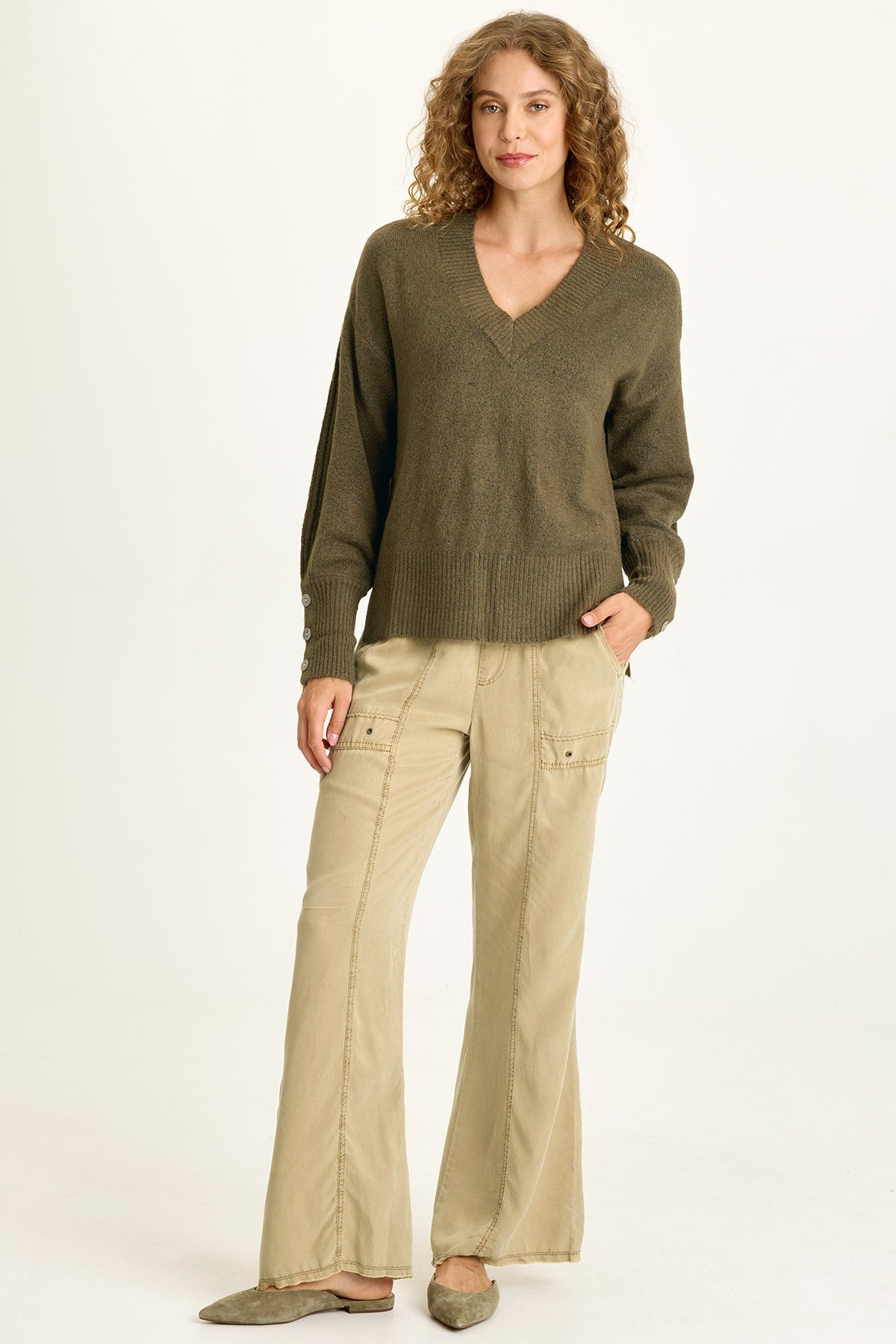 Bronte Relaxed V-Neck Knit Sweater Chesapeake Pine - XCVI