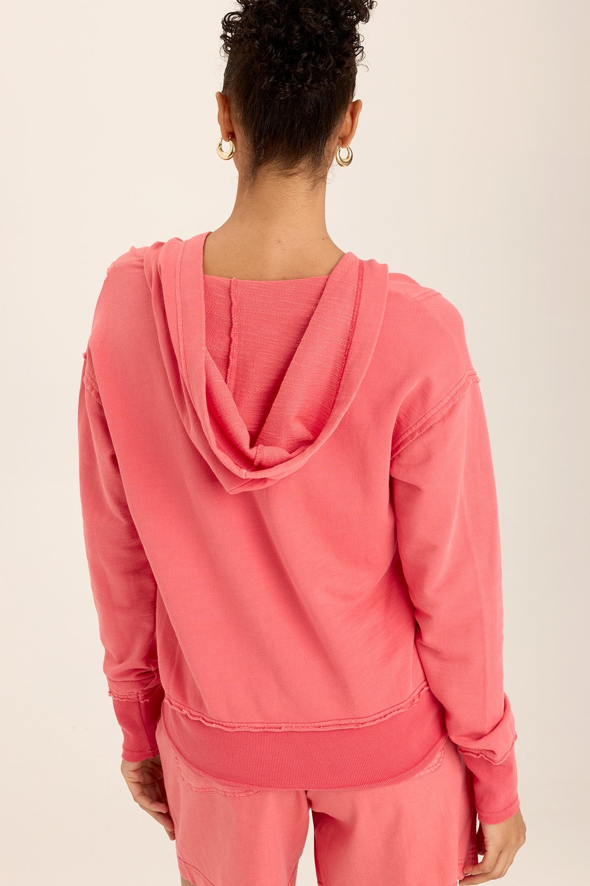 Wearables Rosalyn Terry Distressed Hoodie with kangaroo pocket + rib contrast in Pink Retrograde Pigment - XCVI