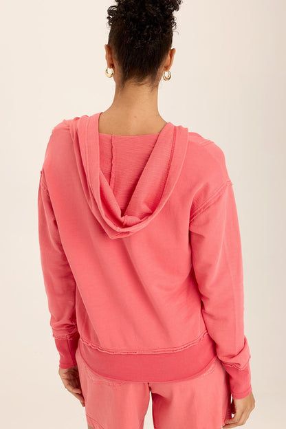 Wearables Rosalyn Terry Distressed Hoodie with kangaroo pocket + rib contrast in Pink Retrograde Pigment - XCVI