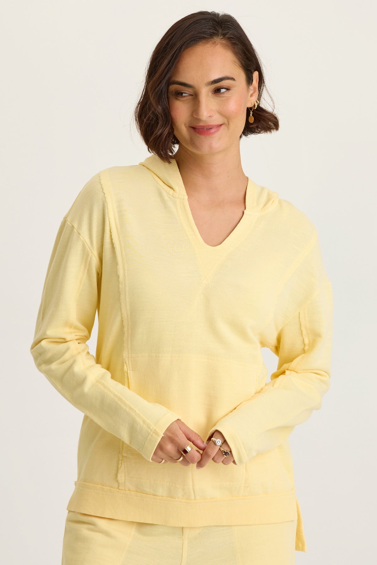 Wearables Rolin Terry Kangaroo Pocket V-Neck Hoodie Lunaria - XCVI