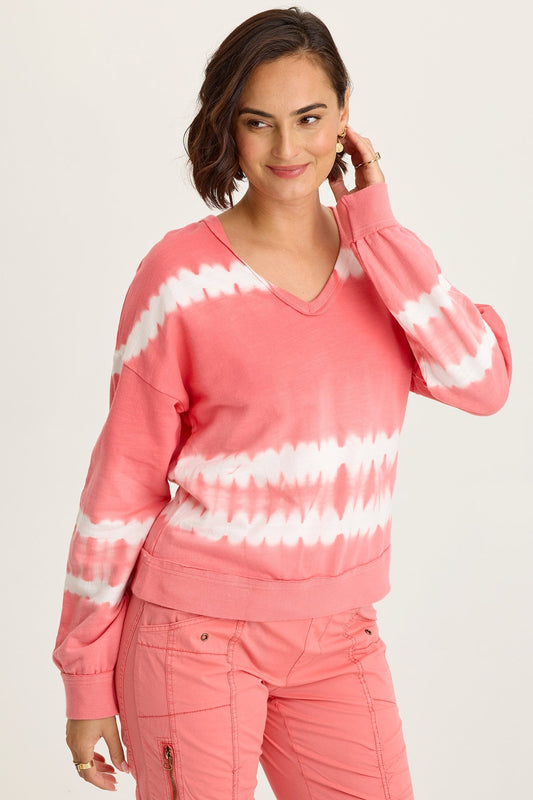 Wearables Rolin Terry V-Neck Long Sleeve Pullover Caravel Wash Guava - XCVI