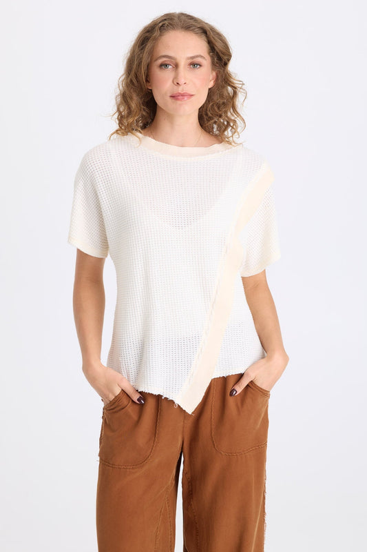 Ursus Thermal Assymetric Hem Batwing Short Sleeve Pullover Top Toasted Almond - XCVI