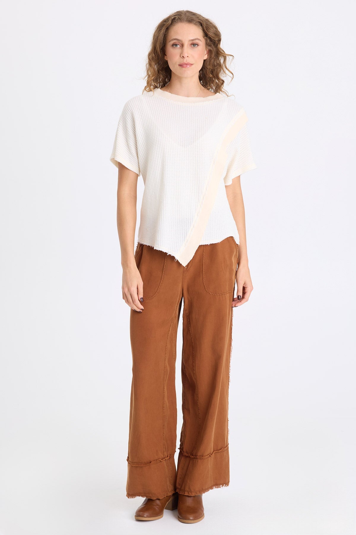 Ursus Thermal Assymetric Hem Batwing Short Sleeve Pullover Top Toasted Almond - XCVI