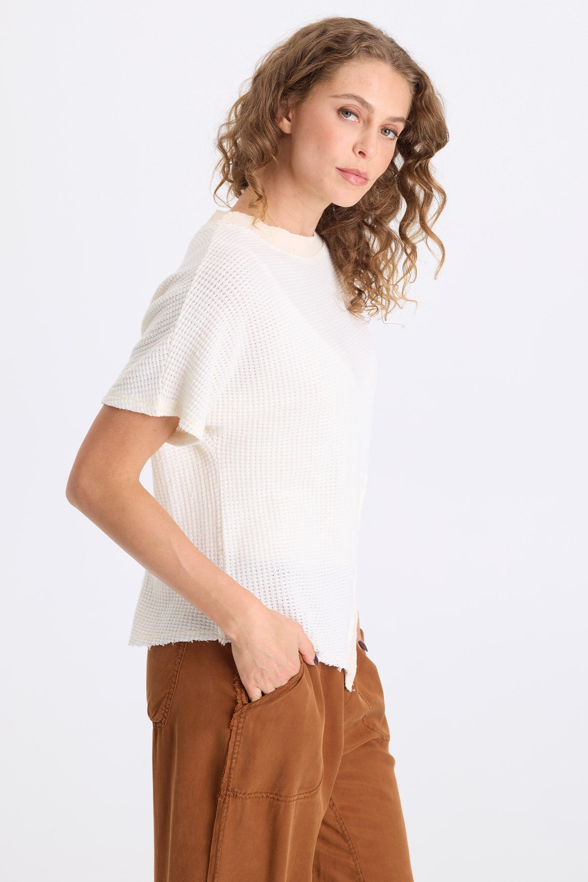 Ursus Thermal Assymetric Hem Batwing Short Sleeve Pullover Top Toasted Almond - XCVI