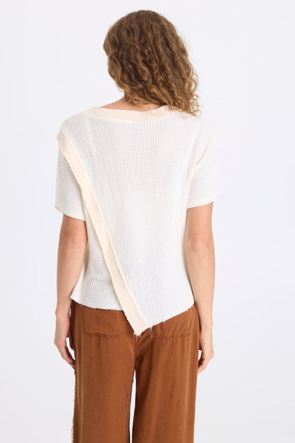 Ursus Thermal Assymetric Hem Batwing Short Sleeve Pullover Top Toasted Almond - XCVI