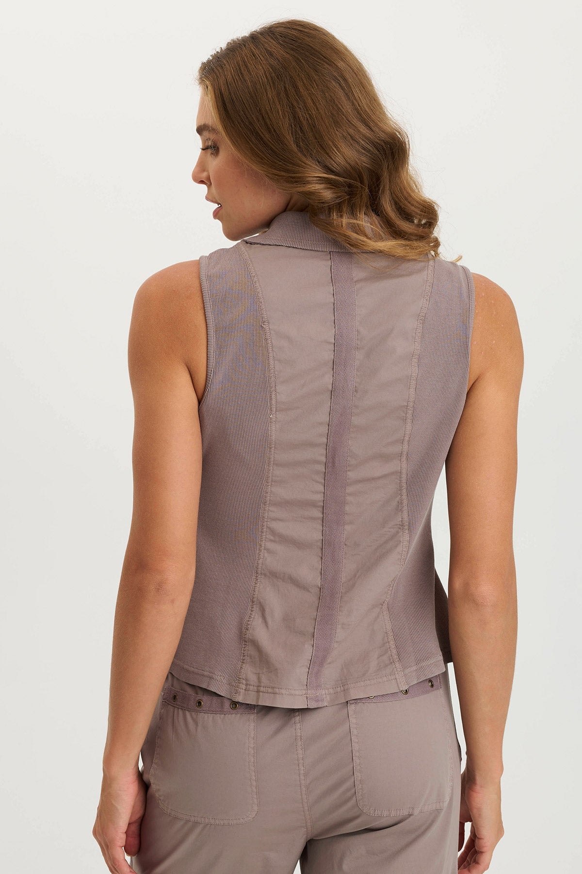 Shelton Casual Poplin + Rib Cargo Zipper Vest Poppy Seed - XCVI