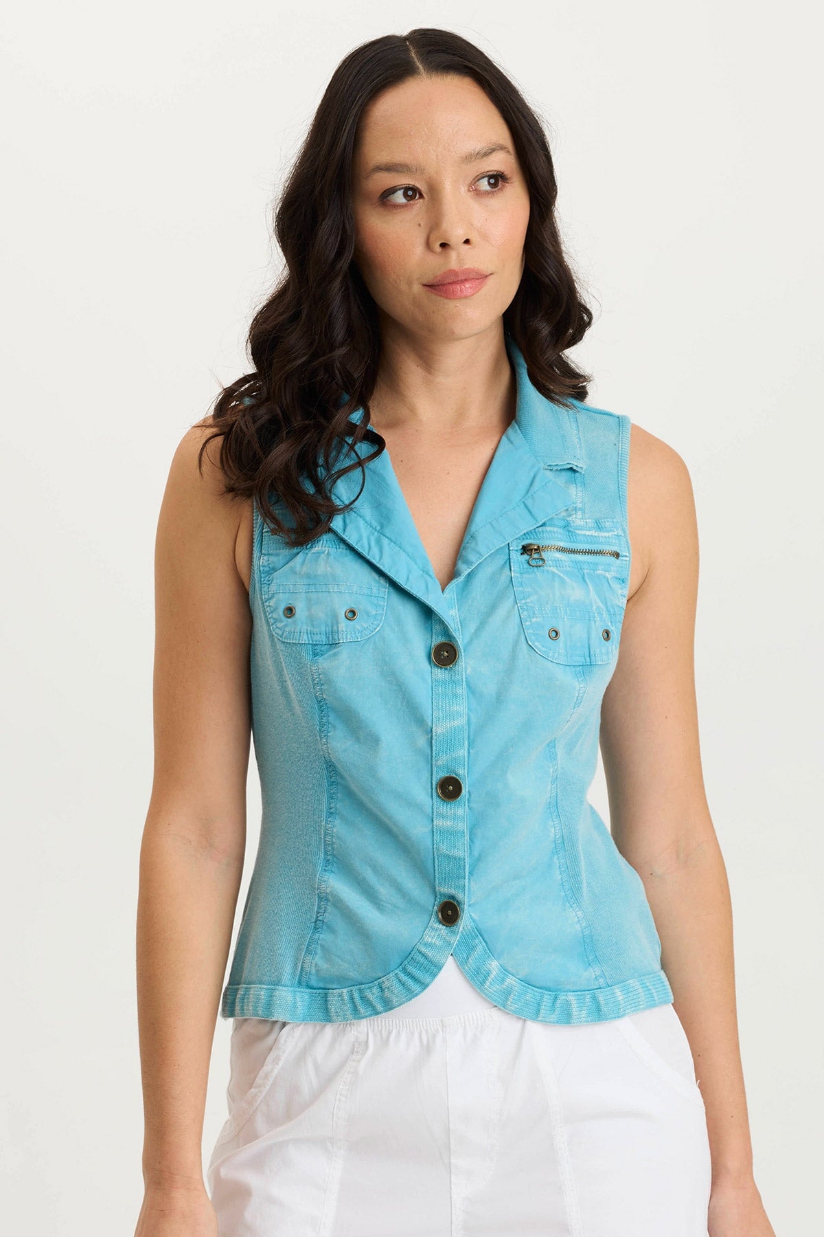 Shelton Casual Poplin + Rib Cargo Zipper Vest Distress Wash Fresco - XCVI