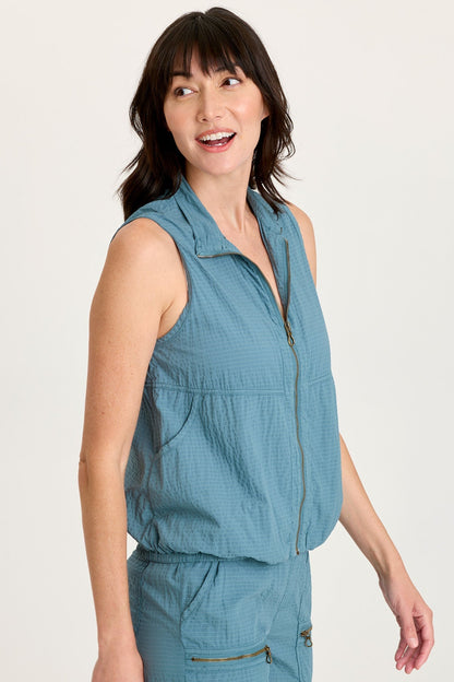 Tallis Textured Stretch Zip Front Elastic Bubble Hem Vest Dark Night - XCVI