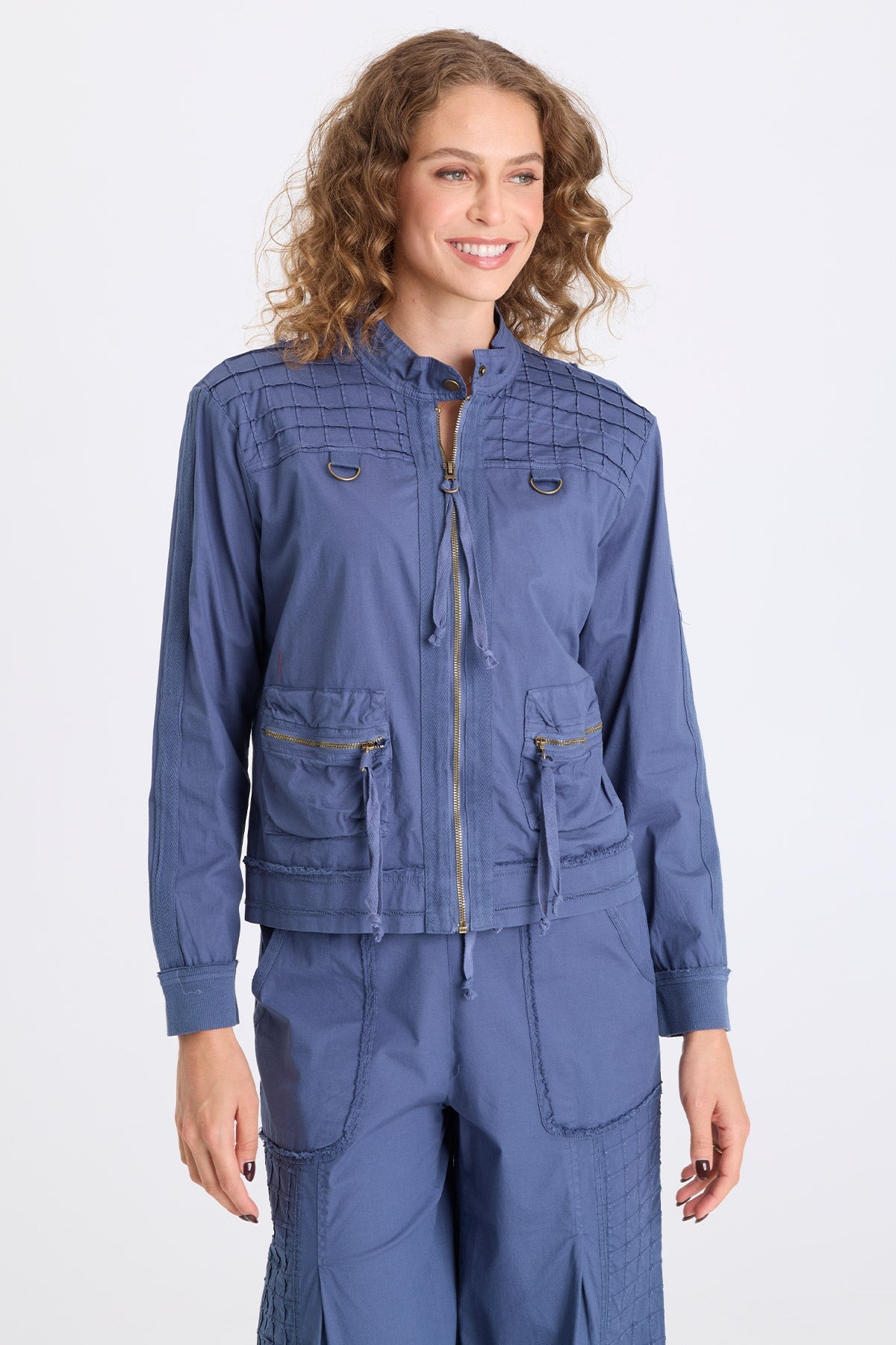 Freyda Poplin Grid Pintuck Bomber Bluestone - XCVI