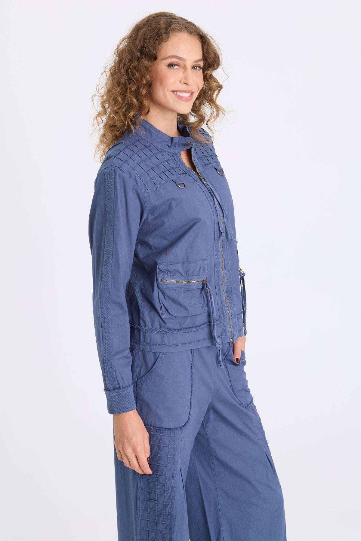Freyda Poplin Grid Pintuck Bomber Bluestone - XCVI