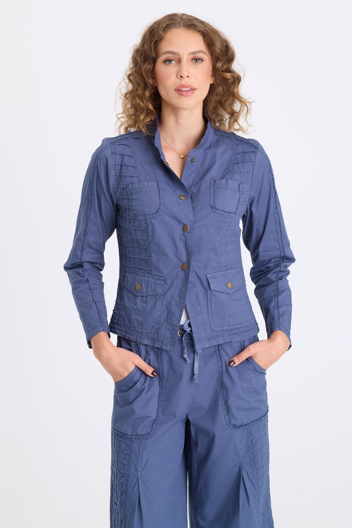 Mousa Poplin Grid Pintuck Blazer Bluestone - XCVI