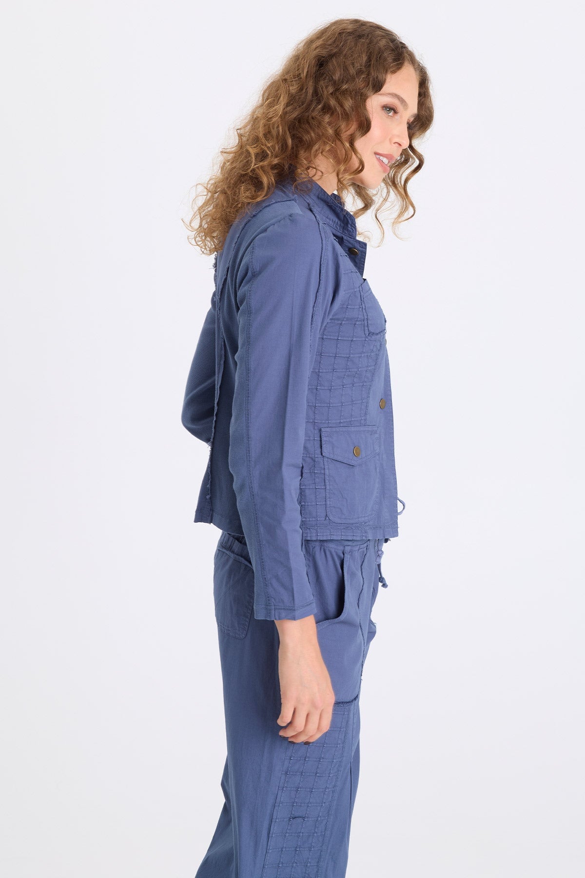 Mousa Poplin Grid Pintuck Blazer Bluestone - XCVI