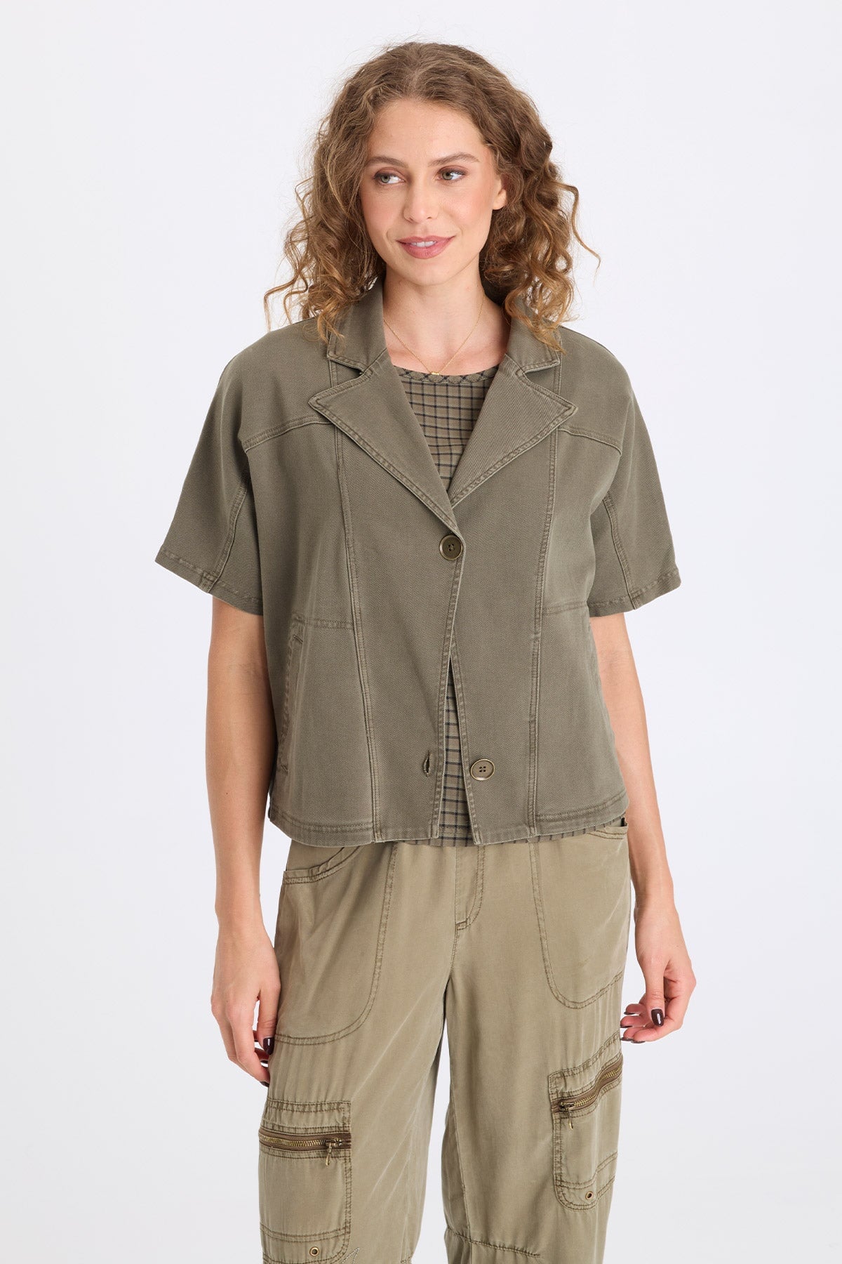 Nevo Twill Capelet-Style Short Sleeve Boxy Jacket Kombu Pigment - XCVI