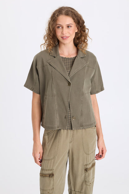 Nevo Twill Capelet-Style Short Sleeve Boxy Jacket Kombu Pigment - XCVI