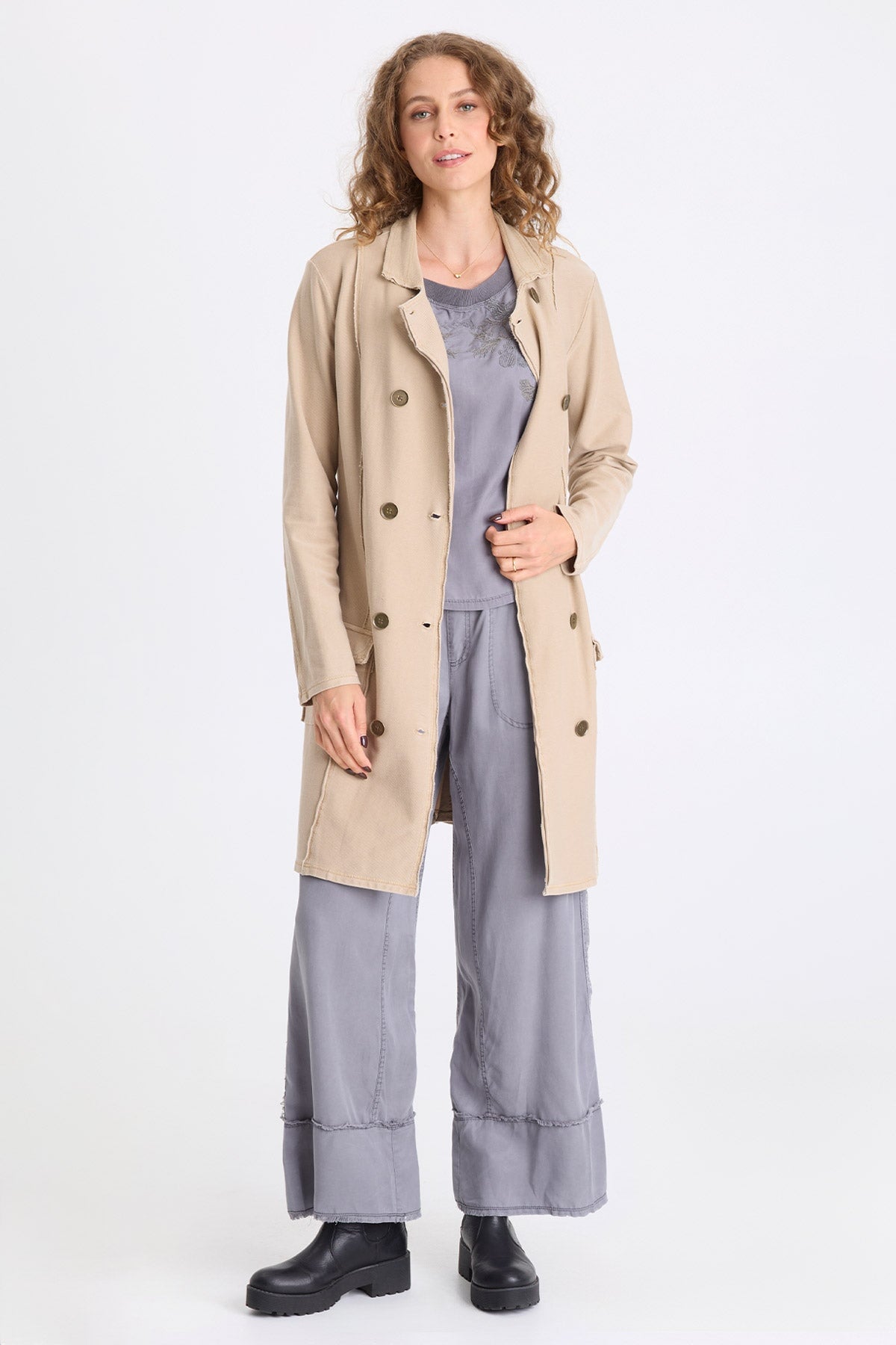 Roda Twill Knit Kick Pleat Long Button-Up Jacket Merino Wool Pigment - XCVI