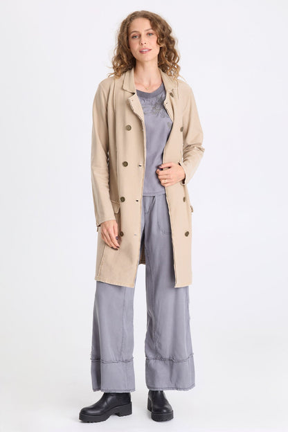 Roda Twill Knit Kick Pleat Long Button-Up Jacket Merino Wool Pigment - XCVI