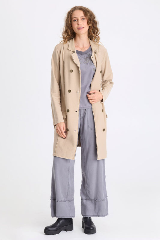 Roda Twill Knit Kick Pleat Long Button-Up Jacket Merino Wool Pigment - XCVI