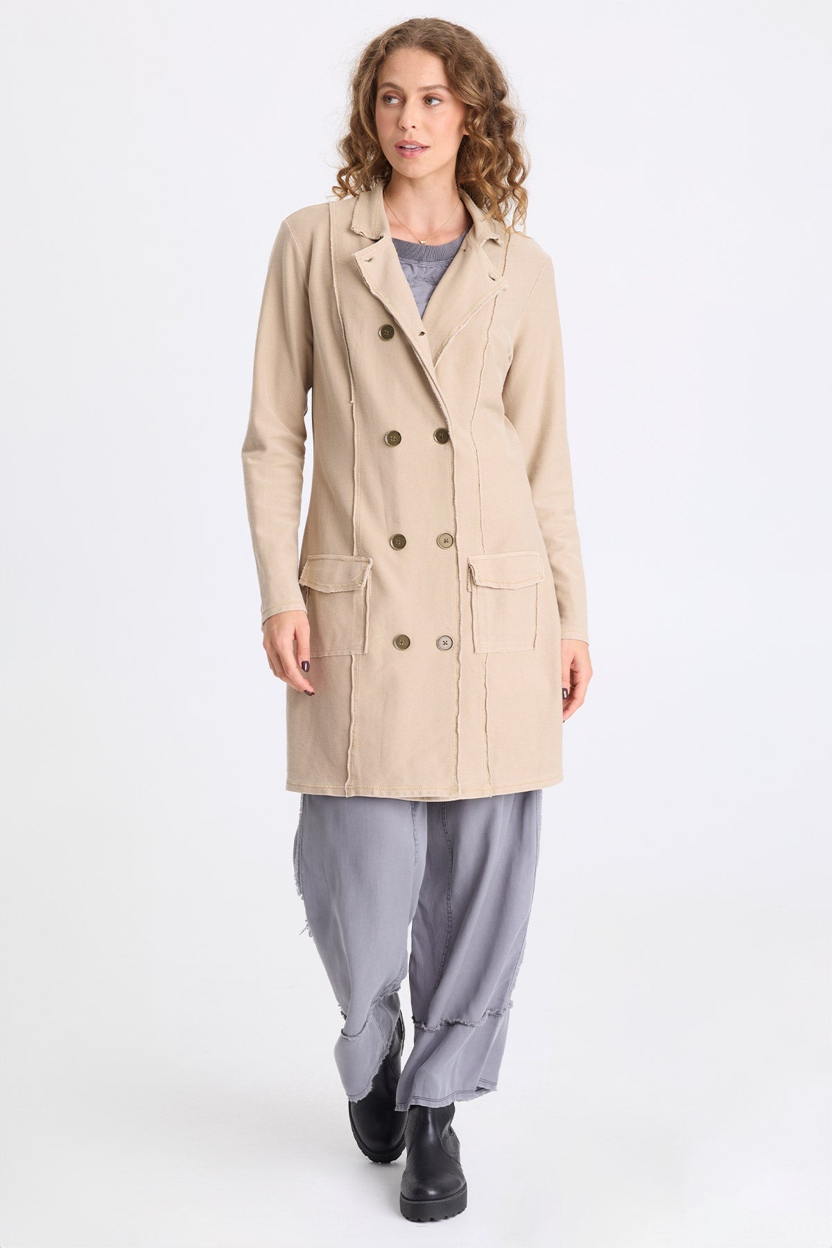 Roda Twill Knit Kick Pleat Long Button-Up Jacket Merino Wool Pigment - XCVI