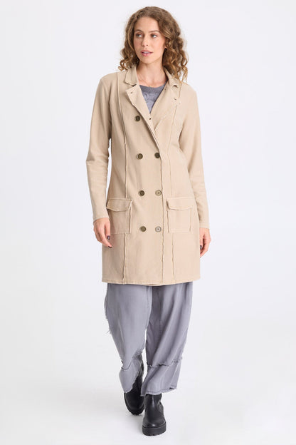 Roda Twill Knit Kick Pleat Long Button-Up Jacket Merino Wool Pigment - XCVI